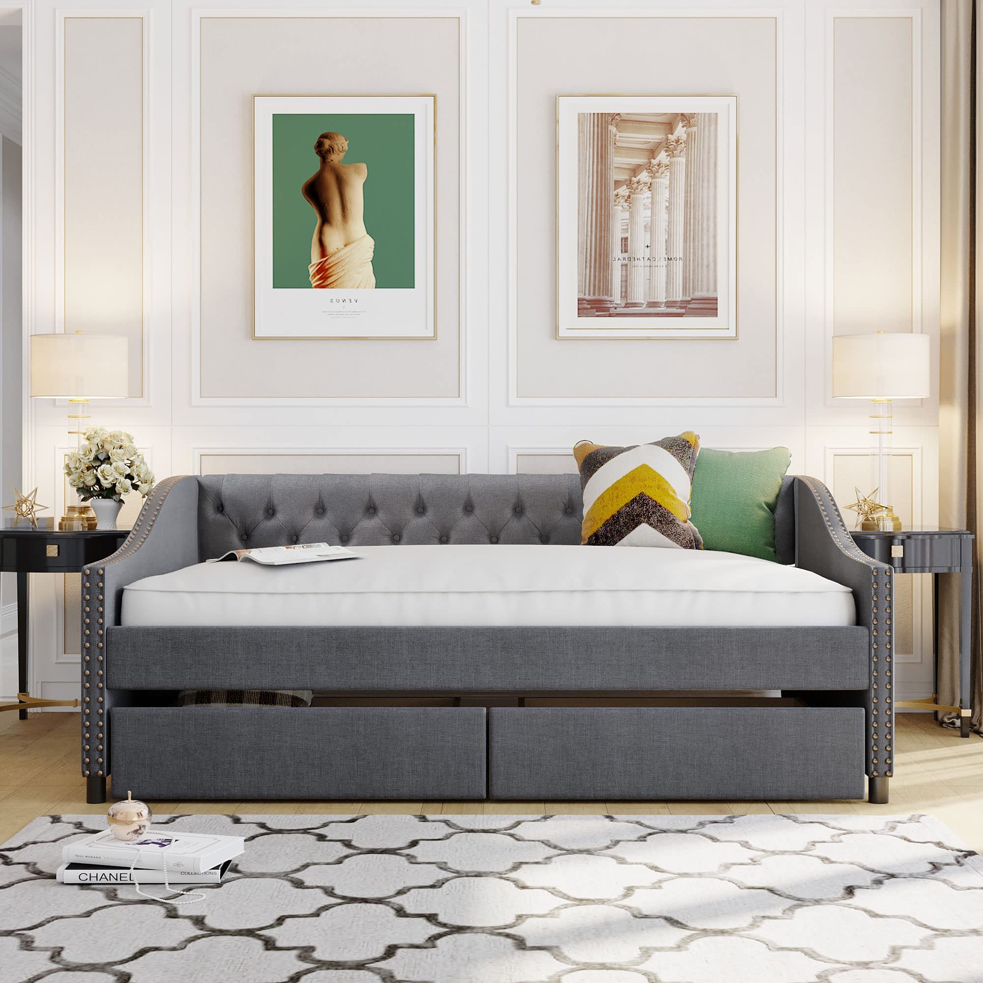 LZ LEISURE ZONE Full Size Upholstered Daybed with Storage Drawers & Wood Slat Support - Modern Gray Daybed for Guest Room, Dorm, or Small Space