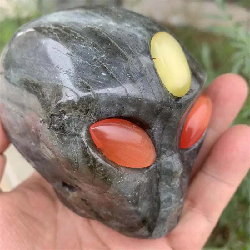 Natural Labradorite Alien Skull Carving - Handmade Crystal Gemstone Decor for Reiki Healing, Witchcraft & Wicca Rituals | Unique Halloween Home Decor, Spiritual Gift & Meditation Space Accent