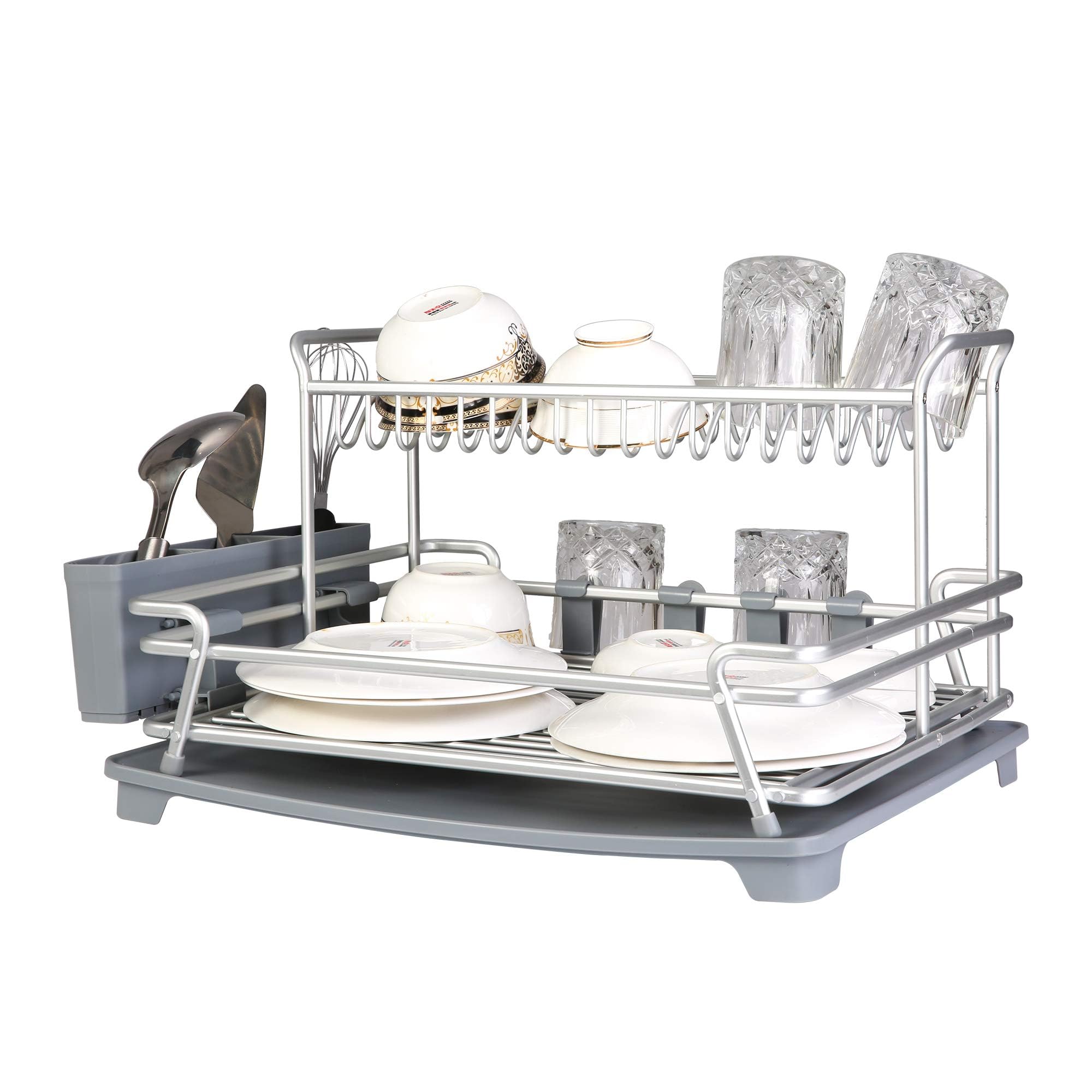 1-Tier & 2-Tier Aluminum Dish Drying Rack with Drainboard - Light Gray & Silver (21.4