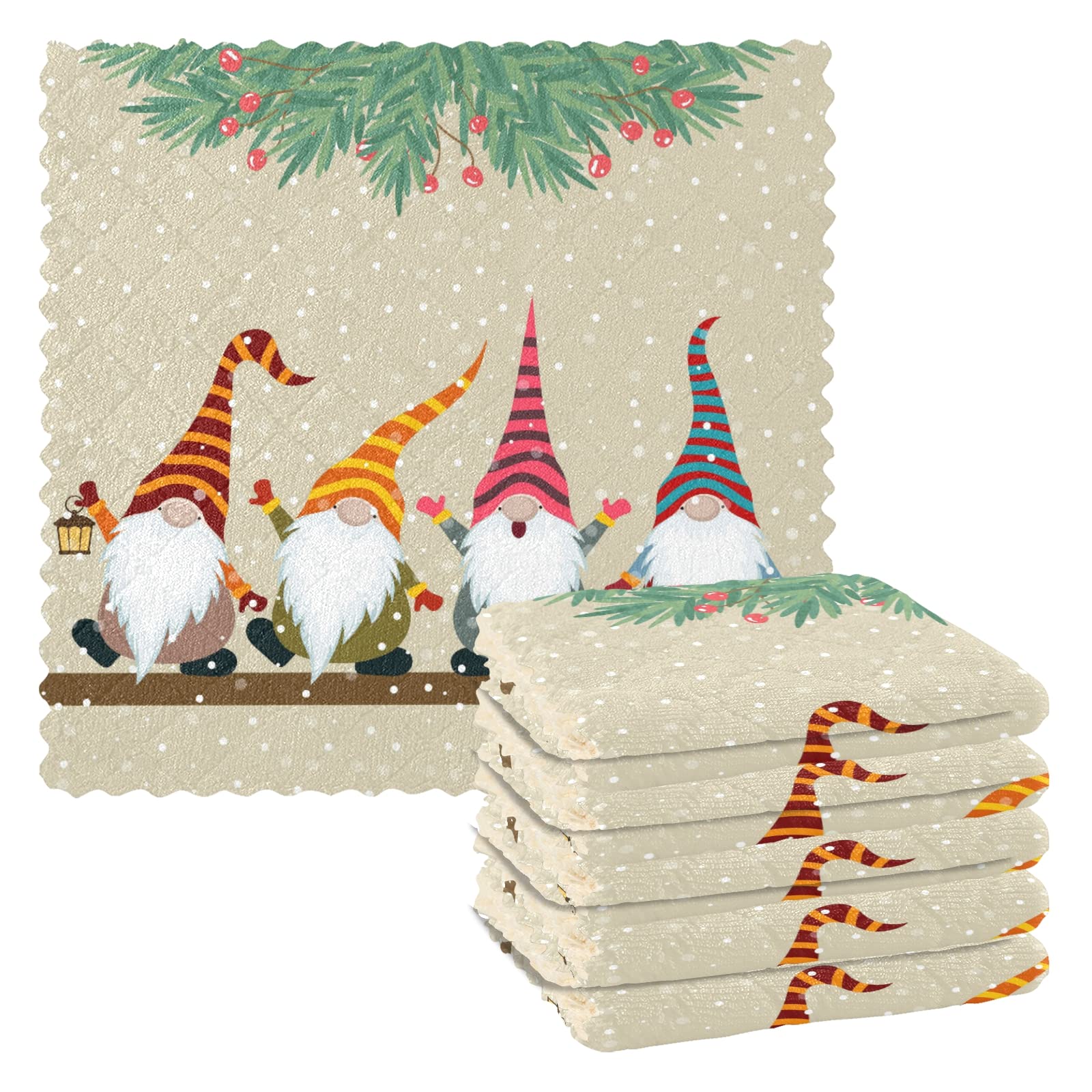 Christmas Gnomes Kitchen Towels 6 Pack - Reusable Absorbent Dish Cloths for Cleaning, Washing Dishes & Drying Hands - Holiday Kitchen Decor & Housewarming Gift for Christmas