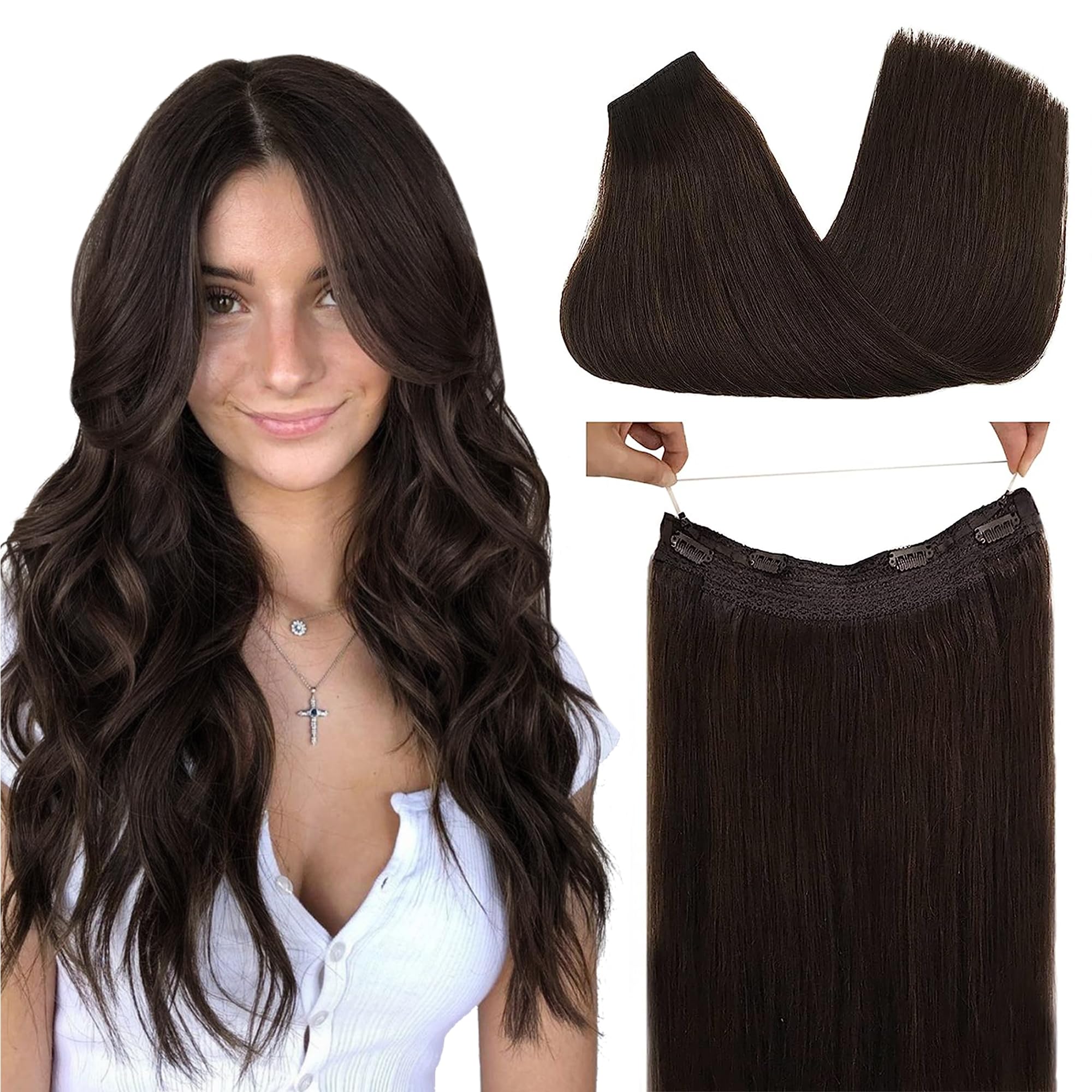 GOO GOO Invisible Wire Hair Extensions 18inch Human Hair - 2A Light Brown Natural (95g) | Transparent Seamless Fish Line Hairpiece for Everyday Wear & Special Occasions