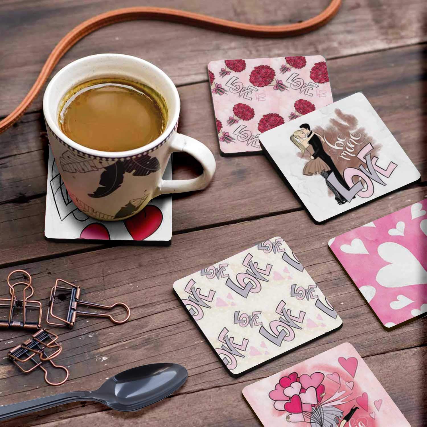 Set of 6 Non-Slip 4-inch Square Drink Coasters with Decorative Printed Design & Cork Base - Easy to Clean - Perfect for Coffee Tables, Dining Tables, and Home Decor