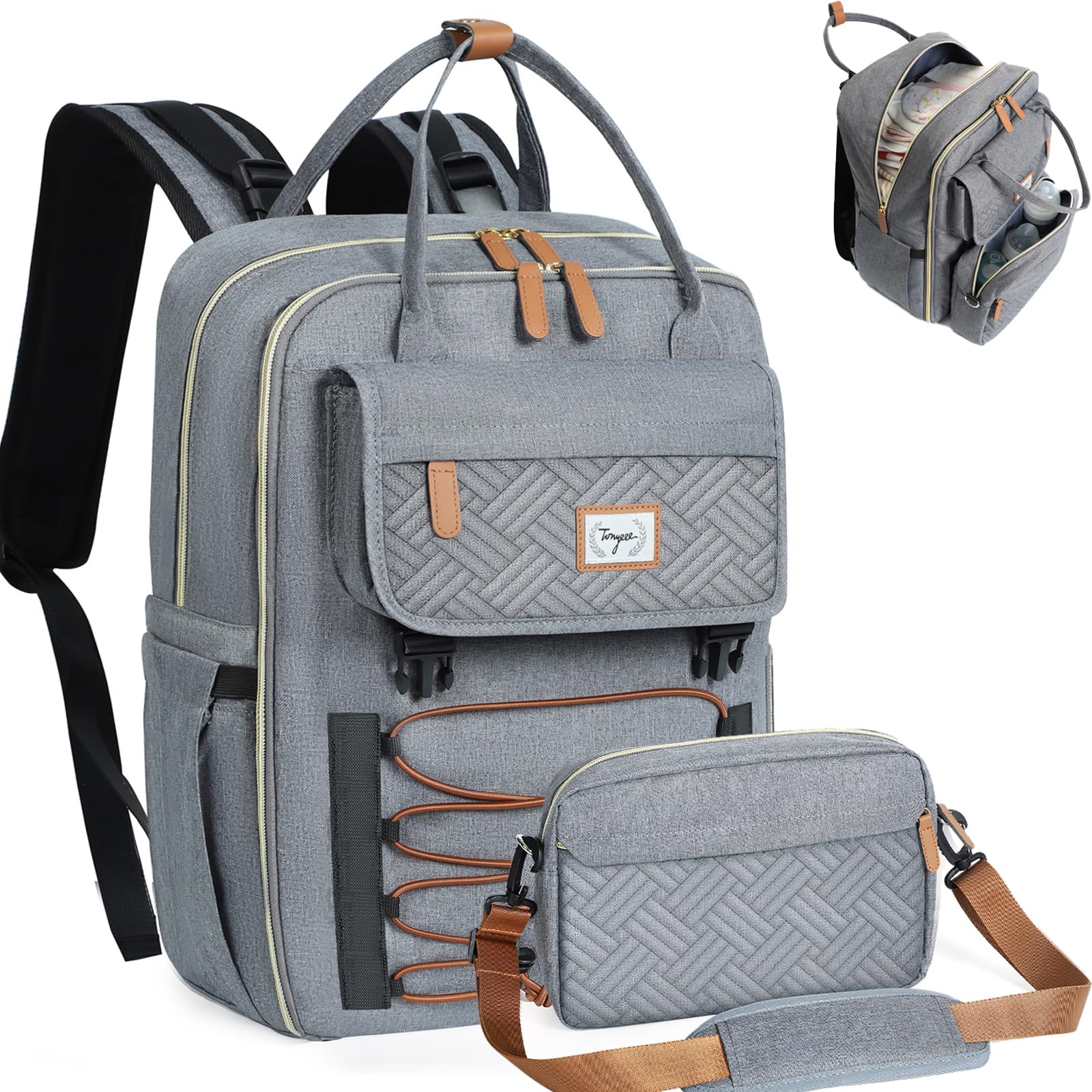 Waterproof Diaper Backpack Set with Removable Crossbody Bag & Changing Pad - Large Capacity Baby Travel Backpack for Women & Men (Grey) - Perfect for Daycare, Travel & On-the-Go Parenting