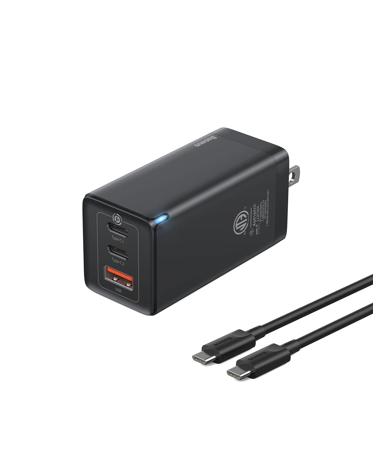 Baseus 65W GaN USB C Wall Charger with 3 Ports - Fast Charging for iPhone 14/Pro Max, Samsung S22/S22+, MacBook Pro/Air, iPad, Laptops & More - Compact Foldable Design for Travel, Home & Office Use
