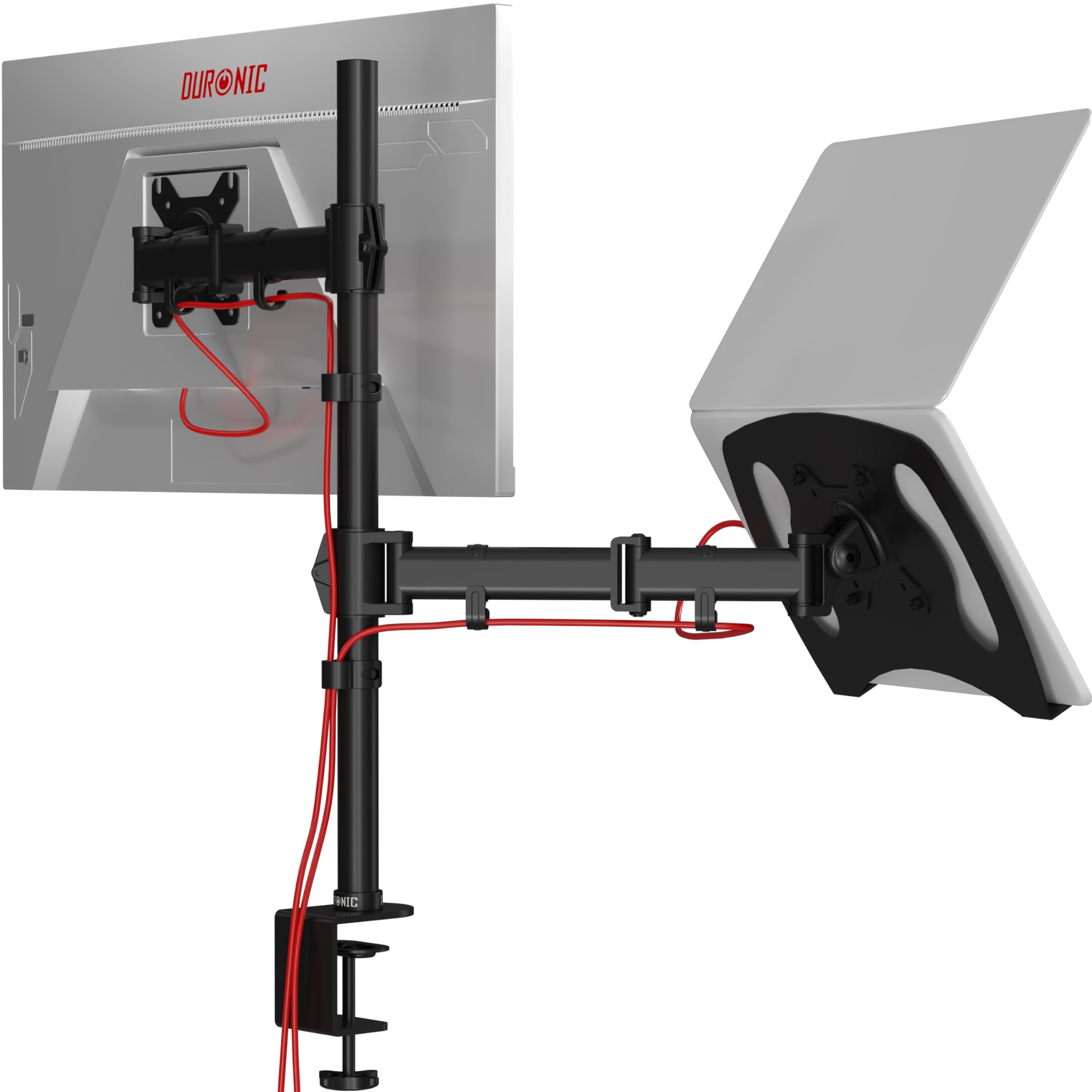 Duronic DM25L1X1 Single Monitor Stand - Adjustable Dual Arm Desk Mount for 13-27 inch LCD/LED Screens, Laptops & TVs | VESA 75/100 Compatible | 360° Rotation, 180° Swivel, -90° to +35° Tilt | Perfect for Home Office, Gaming & Workspace Setup