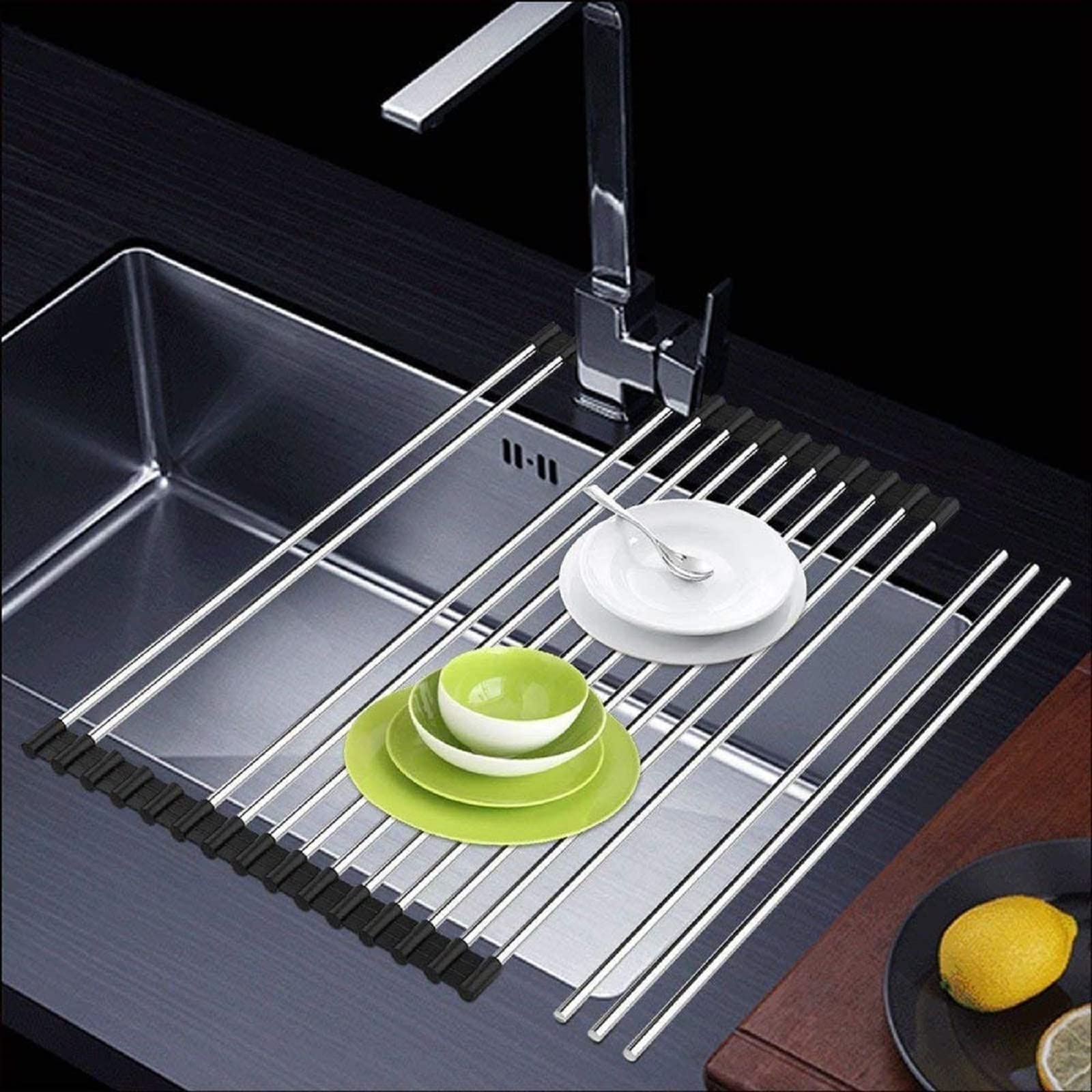 Portable Stainless Steel Roll Up Dish Drying Rack - Over The Sink Space Saving Kitchen Organizer (17.7