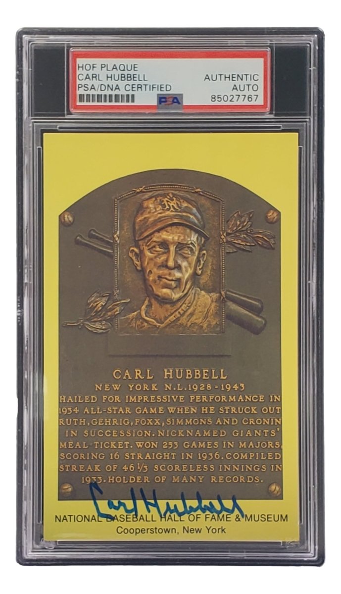 Carl Hubbell Autographed 4x6 New York Giants Hall of Fame Plaque Card with PSA/DNA Certification #85027767 - Perfect for Sports Memorabilia Collectors and Giants Fans Display