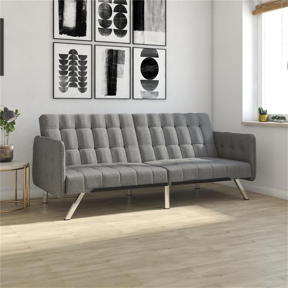 Pemberly Row Convertible Futon Sofa Bed - Grey Linen Upholstery | Space-Saving Sleeper for Small Apartments, Guest Rooms & Home Offices