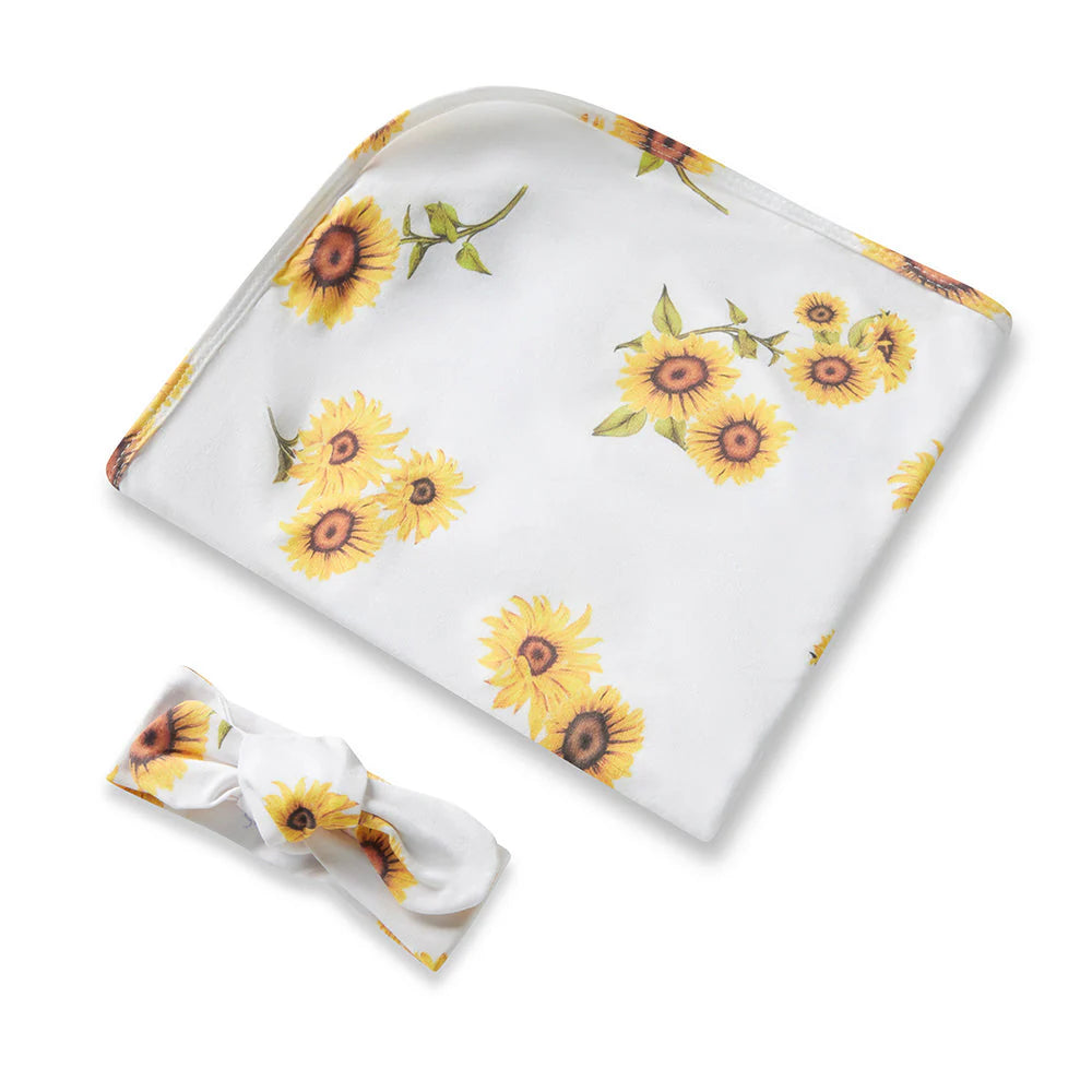 Snuggle Hunny Baby Jersey Wrap & Topknot Set - Soft Sunflower Print for Newborns & Infants - Perfect for Photo Shoots, Baby Showers & Nursery Decor