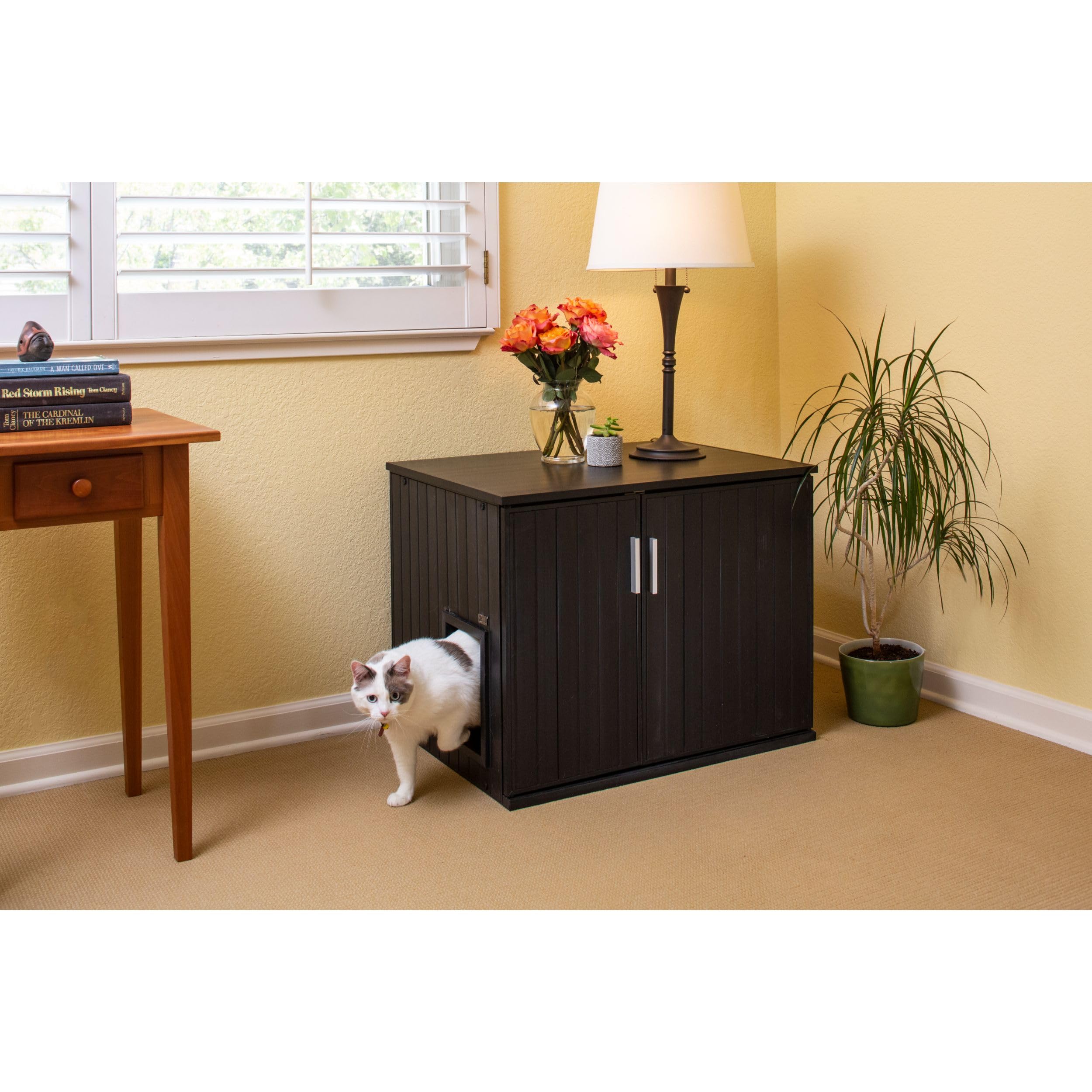 New Age Pet ECOFLEX Promax Litter Loo - Durable Wood Plastic Composite Cat Litter Box Enclosure Table with No-Track Litter Mat | Espresso Black | 10 Year Warranty | Perfect for Small Spaces & Odor Control in Apartments