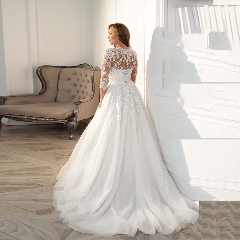 Elegant TRHTX V-Neck Lace Wedding Dress for Bride - 3/4 Sleeve A-Line Tulle Bridal Gown for Church, Beach or Garden Ceremony
