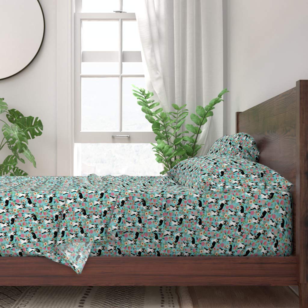 **Spoonflower 100% Cotton Twin 3-Piece Sheet Set - Corgi Floral Print, Black & Tan Welsh Flowers, Cute Dog Design for Pet Lovers | Soft & Breathable Bedding for Home, Nursery, or Dorm**