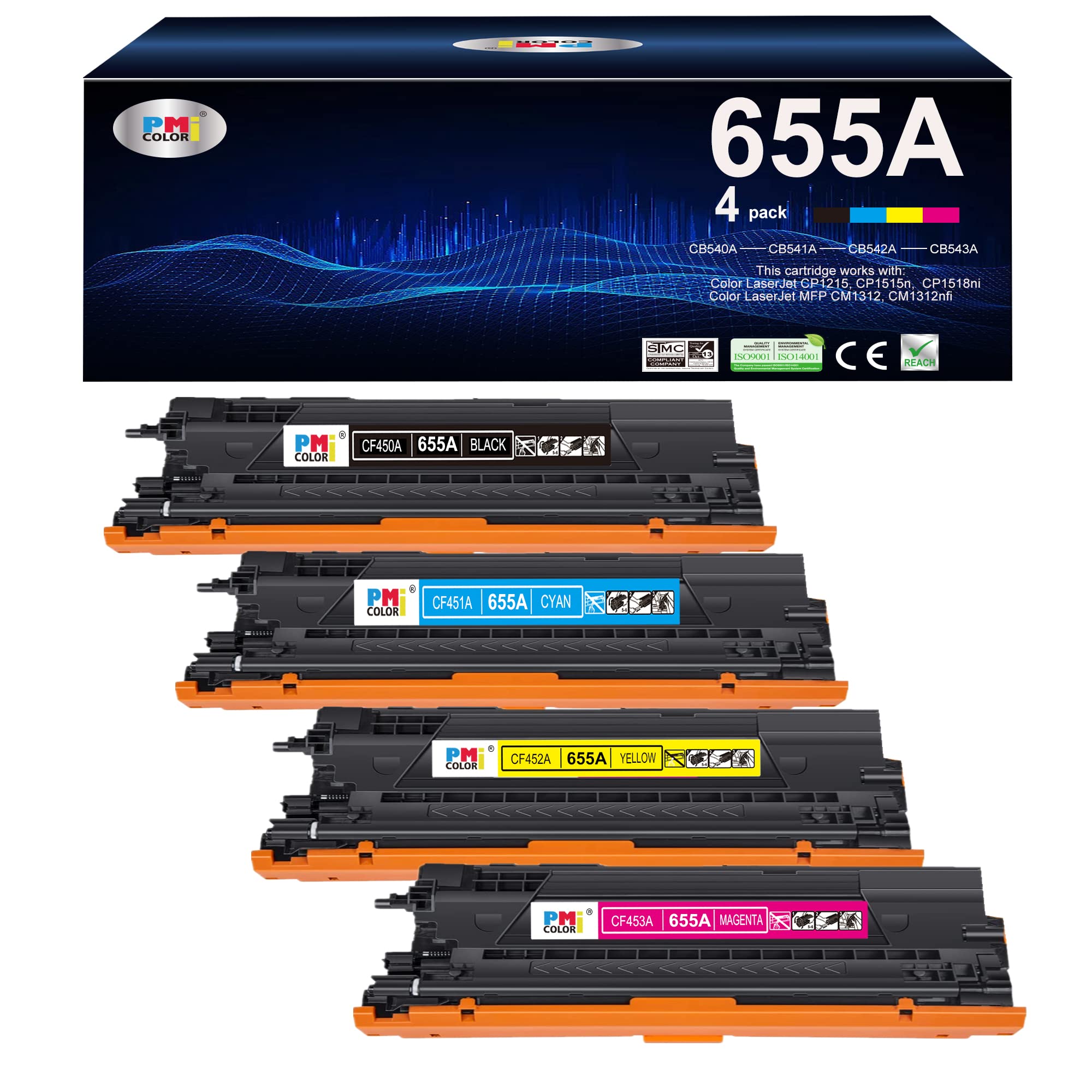 HP 655A Toner Cartridge Replacement 4-Pack (Black, Cyan, Magenta, Yellow) - Compatible with HP M652n, M652, M653dn, M653x, M653 Printers - Ideal for Office Printing, Home Office Use & High-Volume Printing Needs