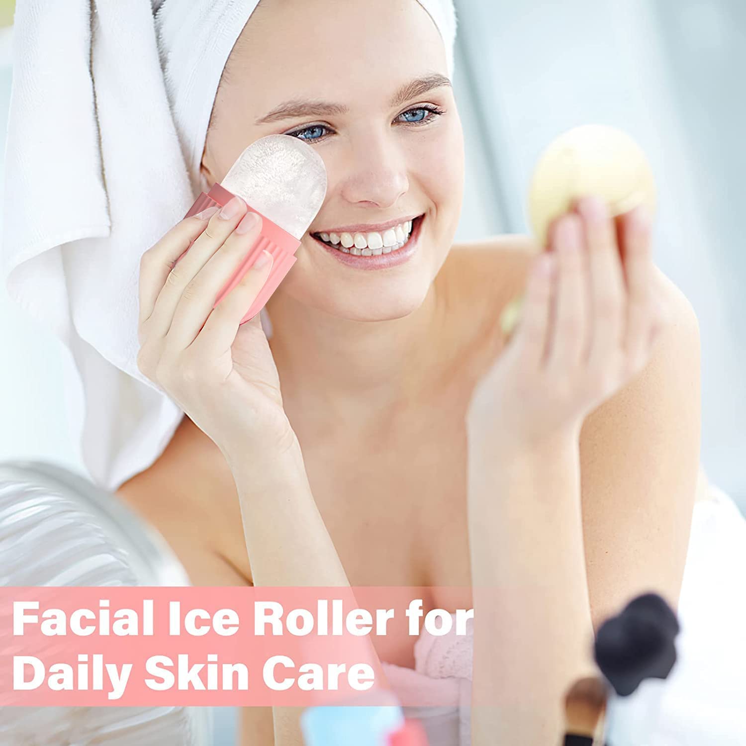 Ice Face Roller Massager - Cooling Ice Cube Roller for Face, Eyes & Neck, Natural Skin Care Tool to Reduce Puffiness, Eye Bags & Migraine Pain - Reusable Silicone Ice Mold (Pink) - Perfect for Morning Skincare Routine & Post-Workout Recovery
