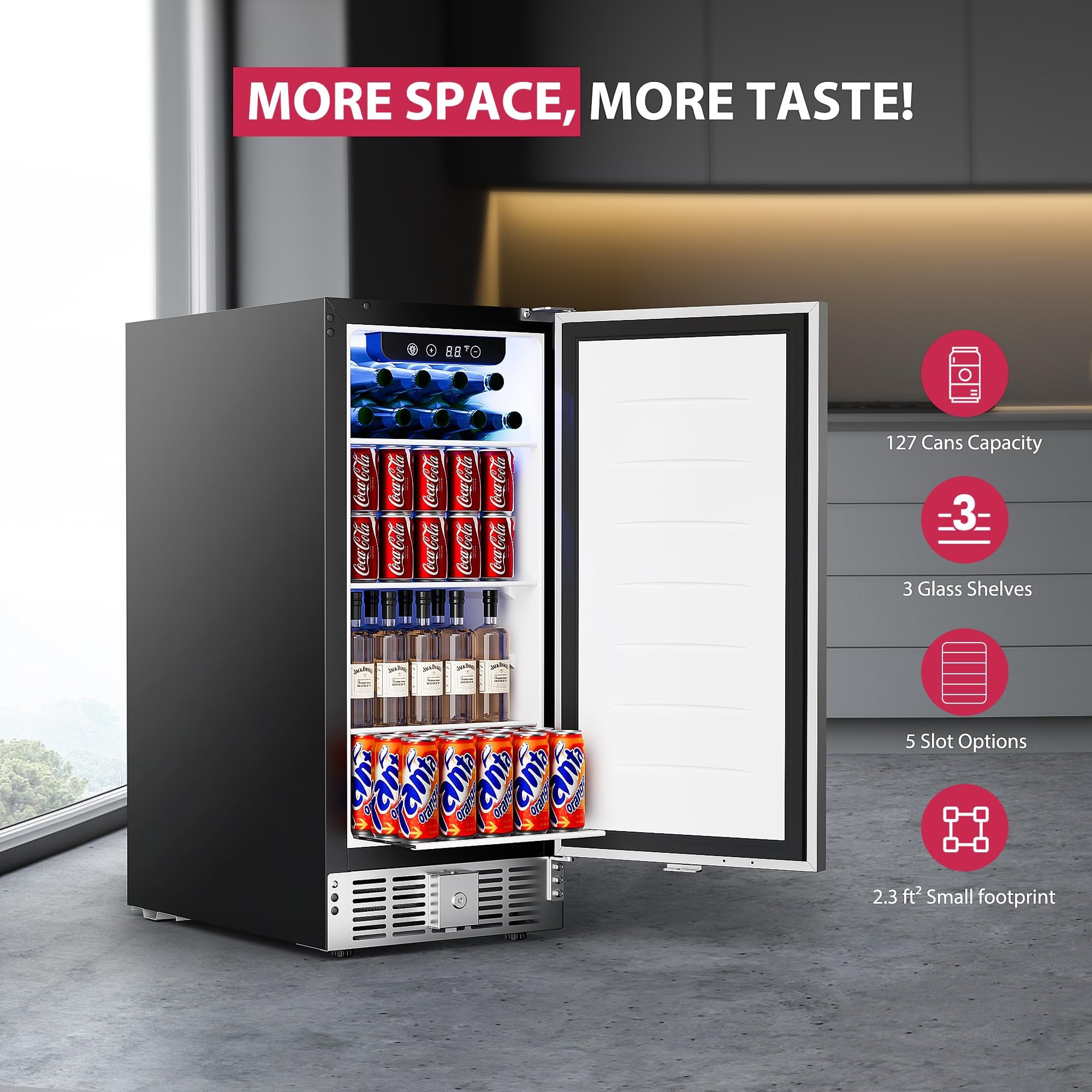 15 Inch Built-In Under Counter Beverage Cooler - 127 Can Capacity Mini Fridge with Removable Glass Shelves for Beer, Soda, Wine & Water Storage - Perfect for Home Bars, Offices, and Entertainment Spaces