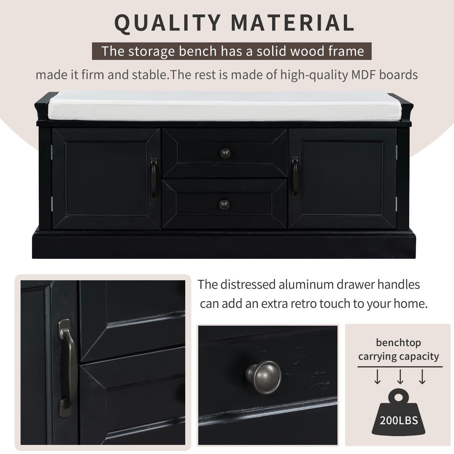 Danxee Wooden Shoe Storage Bench with Cushion - 2 Drawers & Cabinets for Entryway (Black) - Perfect for Hallway Organization