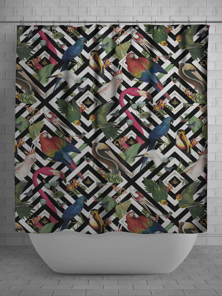 Modern Geometric Aviary Shower Curtain - Waterproof Bathroom Decor for Birds & Nature Lovers - Perfect for Farmhouse, Boho, or Vintage Style Bathrooms