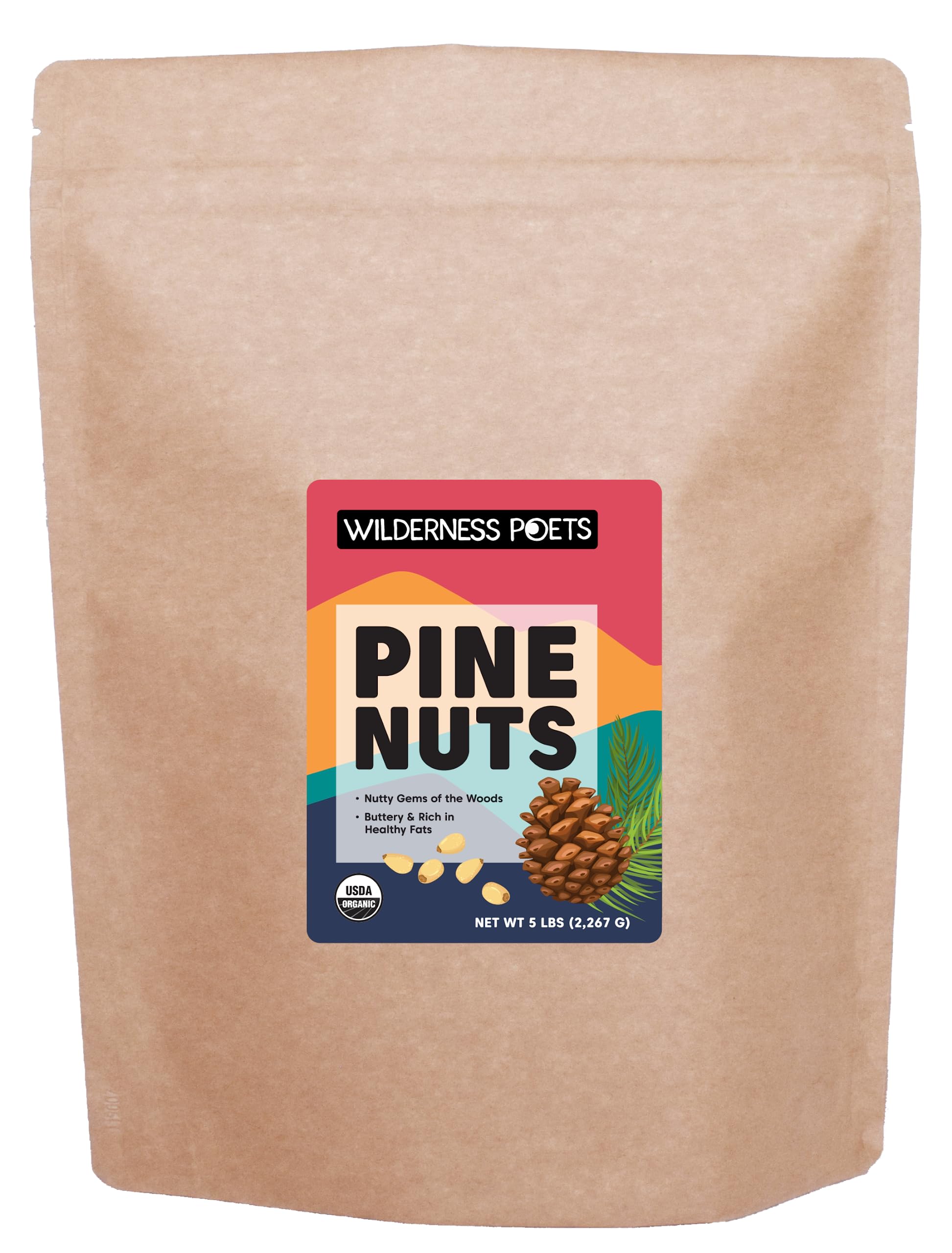 Organic Pine Nuts by Wilderness Poets - Fresh, Sweet, Creamy & Buttery (5lb Bulk) - Perfect for Baking, Cooking & Healthy Snacking