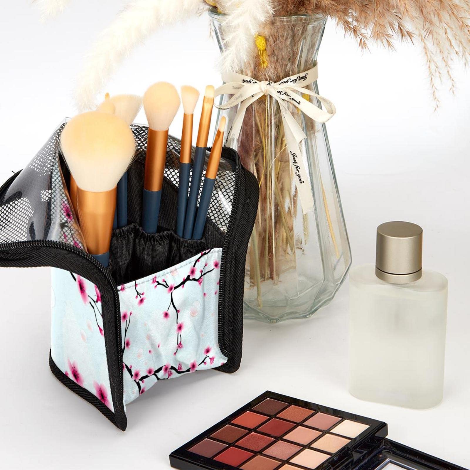 12-Piece Makeup Brush Organizer Bag with Portable Holder Case - Peach Blossom Floral Design for Travel & Home Storage | Perfect for Makeup Artists & Beauty Enthusiasts