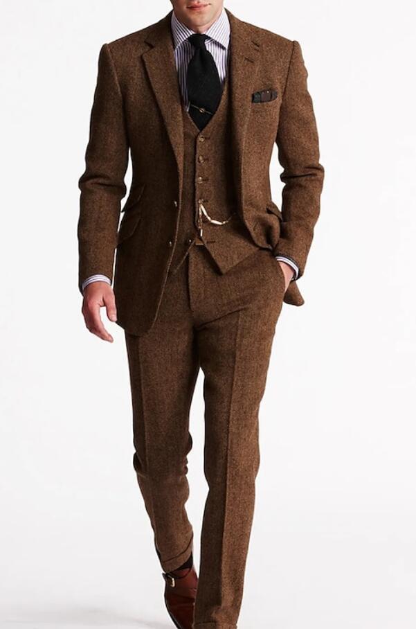 Vintage Brown Men's Tweed Herringbone 3-Piece Suit Set - Retro Plus Size Formal Wear for Fall/Winter | Wedding, Office, Special Occasions