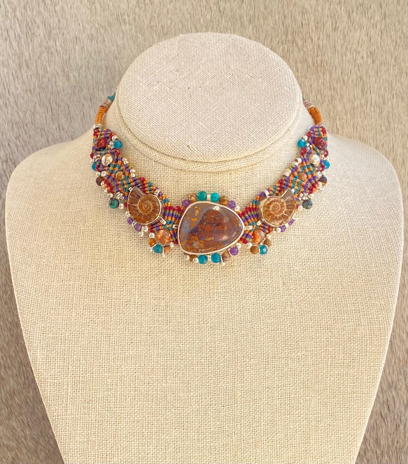Handmade Macramé Choker with Natural Boulder Opal & Ammonite - Boho Chic Necklace for Women, Perfect for Festivals, Beach Parties & Layered Jewelry Looks