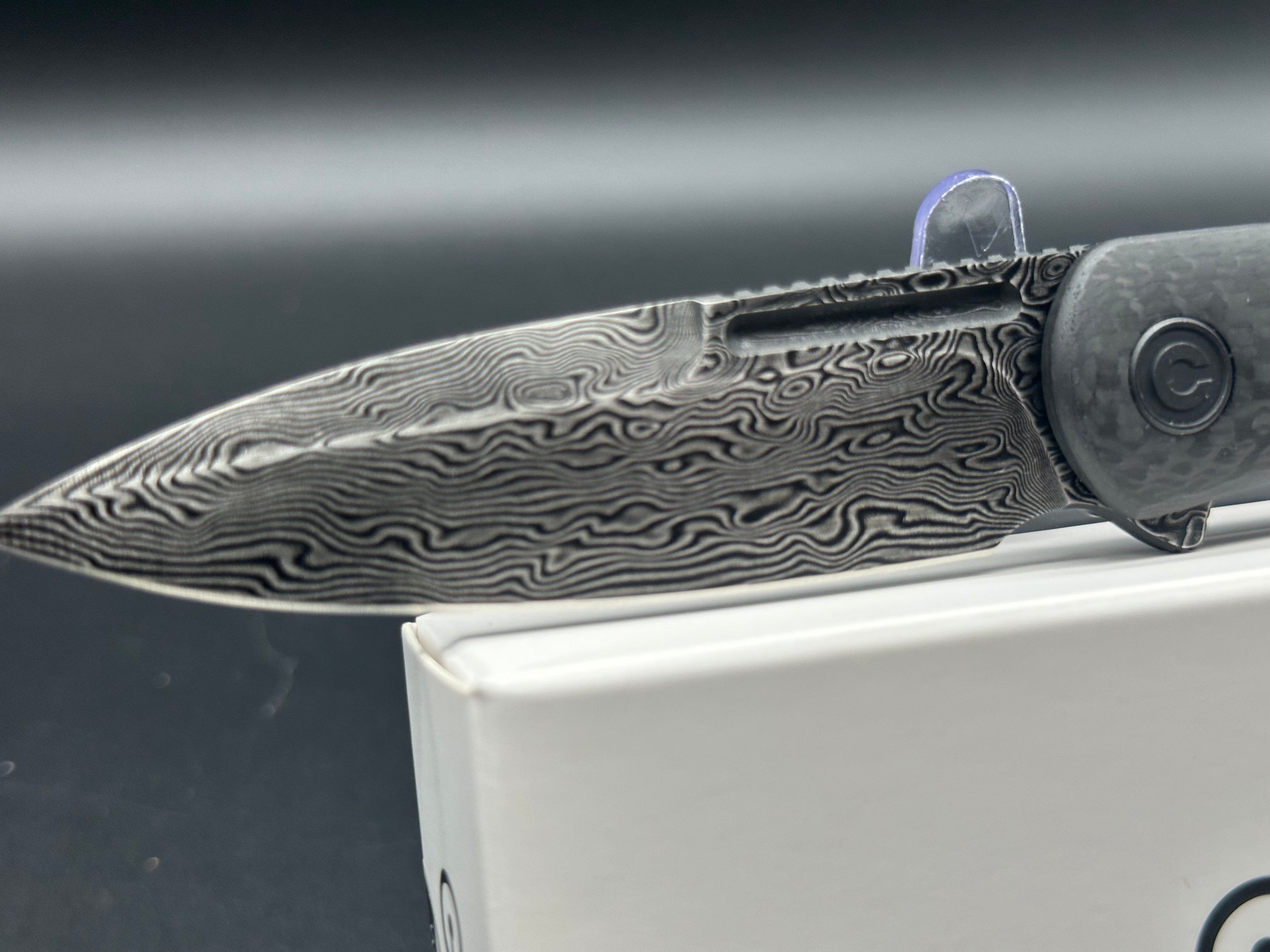Civivi Caetus Folding Knife - Black Hand-Rubbed Damascus Blade & Twill Carbon Fiber Handle - EDC Pocket Knife for Outdoor, Camping, and Everyday Carry