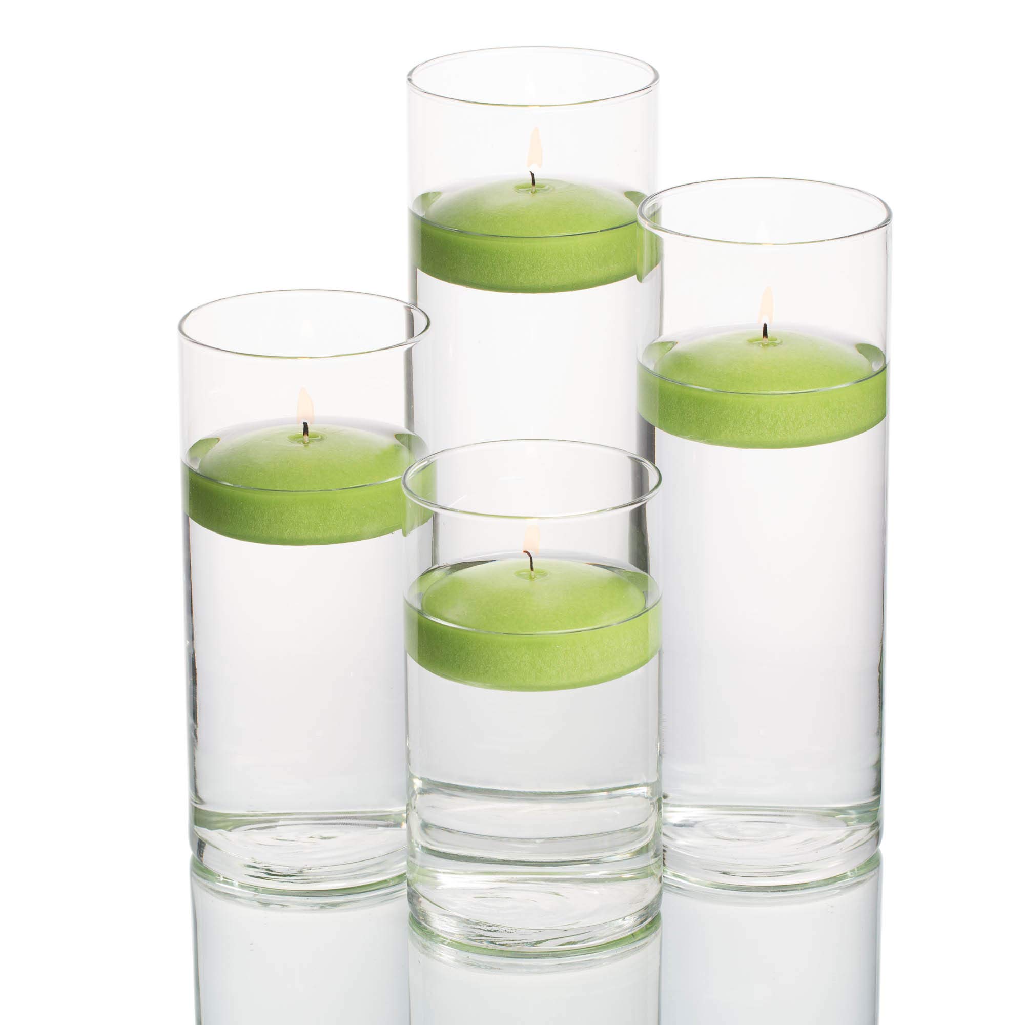 Richland Set of 48 Eastland® Glass Cylinder Vases with 48 Green Floating Candles (3 Inch) - Perfect for Wedding Centerpieces, Home Decor, and Romantic Candlelight Dinners