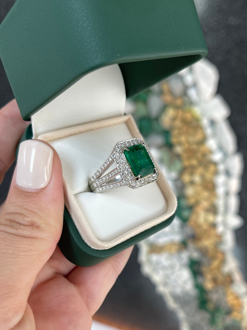 6.25tcw Genuine Dark Green Emerald & Diamond Halo Engagement Ring for Women - Perfect for Weddings, Proposals & Special Occasions
