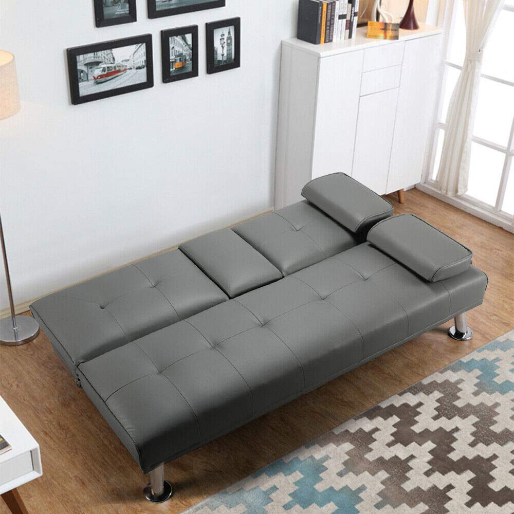 Modern Convertible Sofa Bed Sleeper - Faux Leather Futon Couch with 2 Cup Holders & Gray Armrest - Space Saving Living Room Furniture for Small Apartments, Guest Rooms and Home Offices