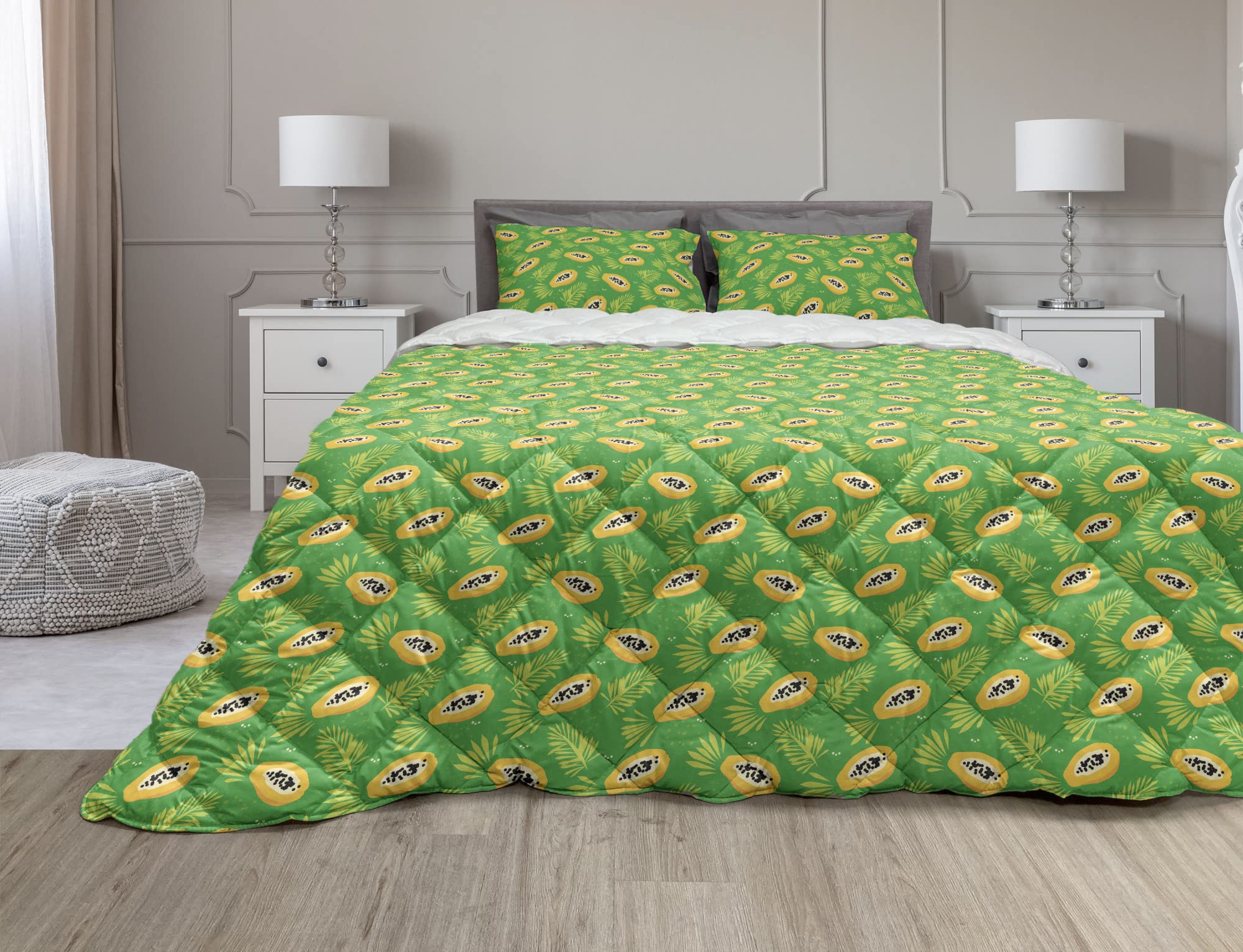Ambesonne Exotic Comforter & Sham Bedding Set - Tropical Papaya Palm Leaf Design, 3-Piece Queen Size Microfiber Duvet Cover Set in Green Marigold | Perfect for Beach House, Summer Bedroom & Boho Decor