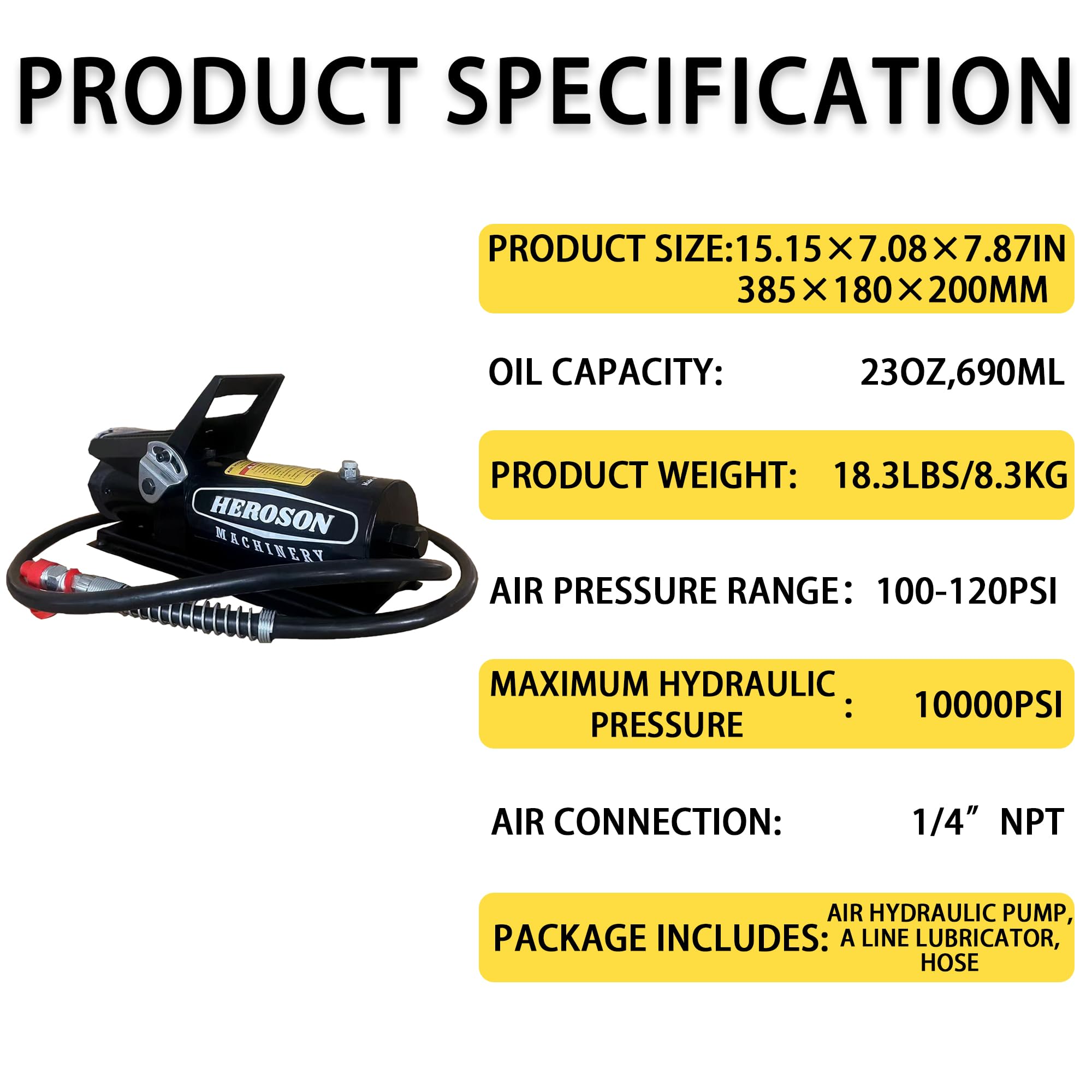 HEROSON 10,000 PSI Air Hydraulic Pump with 0.7L Reservoir - 3/8