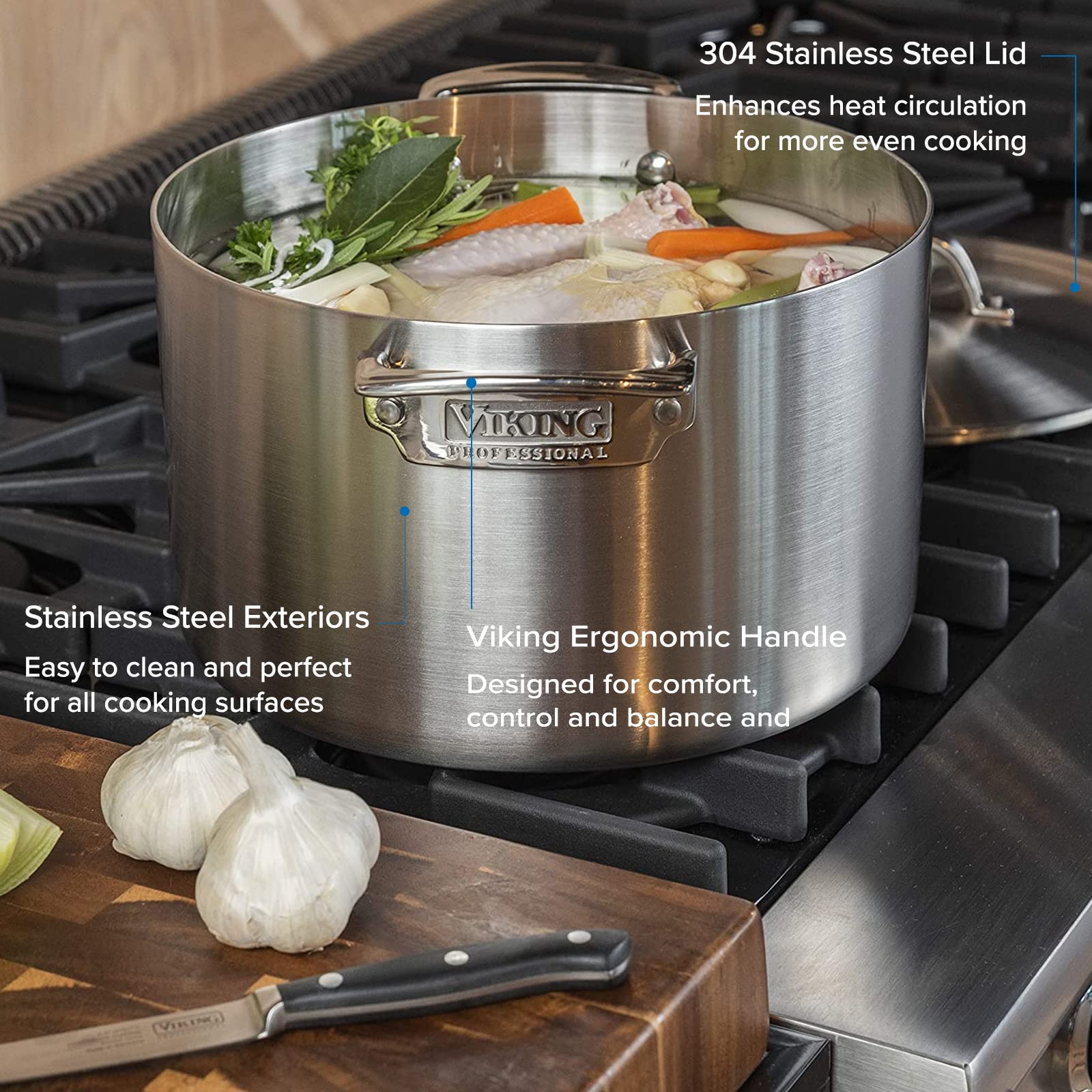 Viking 5-Ply Stainless Steel Stock Pot with Lid - 8 Quart Soup Pot for Cooking, Boiling & Stewing - Professional Kitchen Cookware Set - Perfect for Home Chefs & Restaurants (Gray)
