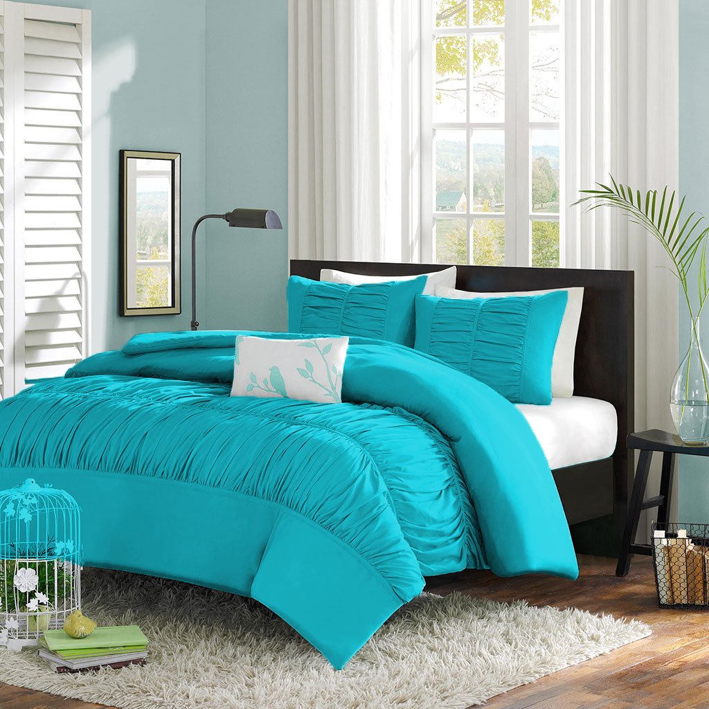 Luxury 5-Piece Queen Size Turquoise Duvet Cover Set with Center Gathered Mimi Ruffles & Matching Pillow Shams | 300 Thread Count Egyptian Cotton Bedding | Perfect for Master Bedroom, Guest Room & Coastal Decor