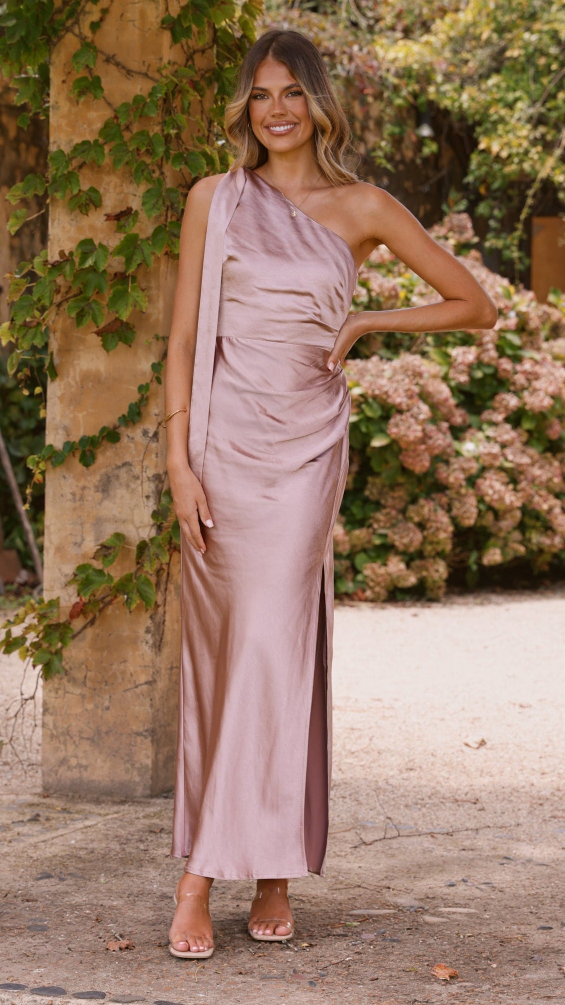 Halle One Shoulder Maxi Dress for Women - Elegant Dusty Pink Long Formal Gown for Evening Parties, Weddings & Special Occasions
