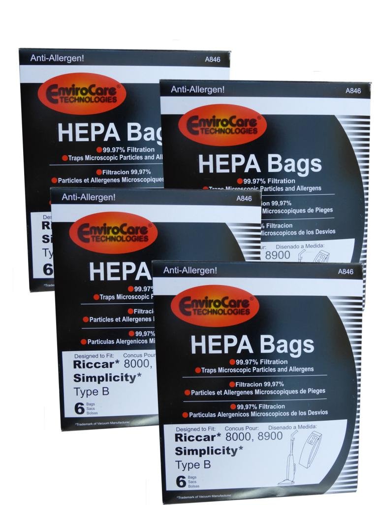 EnviroCare 24 Bags (4 Pack) HEPA Type B Allergy Vacuum Bags for Riccar 8000/8900, Simplicity 7/7000 Series & Belvedere Upright Vacuums - Dust Mite & Pet Hair Protection for Allergy Sufferers & Clean Homes