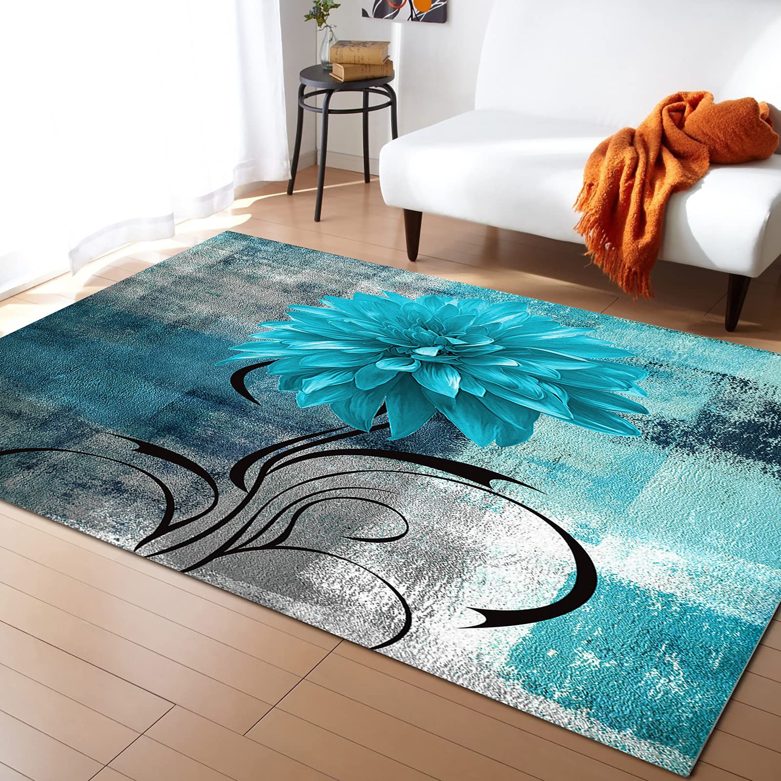 Non-Slip Blue Dahlia Flower Graffiti Area Rug - 5' x 8' Contemporary Indoor Carpet with Rubber Backing, Fade-Proof & Washable - Perfect for Living Room, Bedroom, Home Office & Dorm Decor