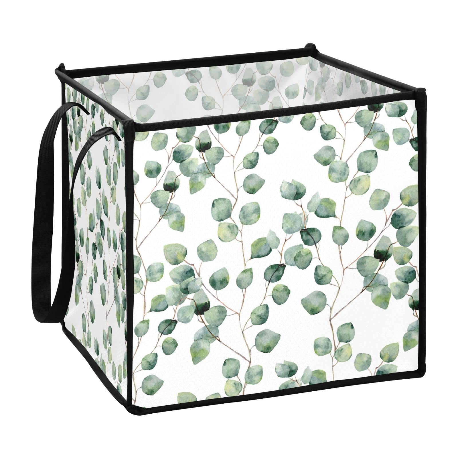 Watercolor Eucalyptus Round Leaves Seamless Square Collapsible Storage Bins - 13x13x13 Inch Foldable Fabric Cube Organizer with Handles for Toys, Nursery, Shelves & Closet | Perfect for Home Organization, Kids' Room Storage & Laundry Sorting