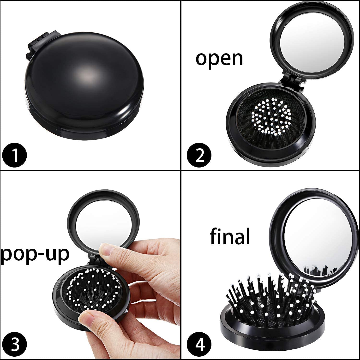 DiaryTown 4 Pack Mini Travel Hairbrush with Mirror - Compact Folding Round Hair Brush for Women, Girls & Kids | Cute Panda Design | Portable Hair Comb for Travel, Purse & School Backpack
