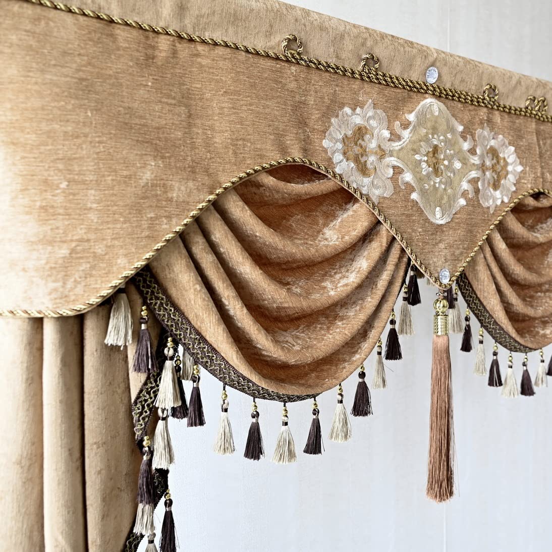 Extra Wide European Brown Floral Valance - Luxury Flower Waterfall Swag Window Treatment for Living Room & Bedroom - Rod Pocket Top 1 Panel 118 Inches Wide - Perfect for Bay Windows, French Doors & Home Decor