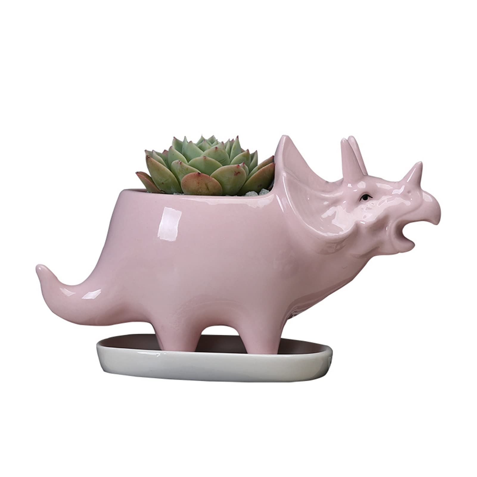 White Ceramic Triceratops Planter with Drainage Tray - Dinosaur Flower Pot for Succulents, Cacti & Small Plants - Cute Home & Garden Decor, Desktop Decoration - Perfect for Living Room, Office or Gift (Pink)