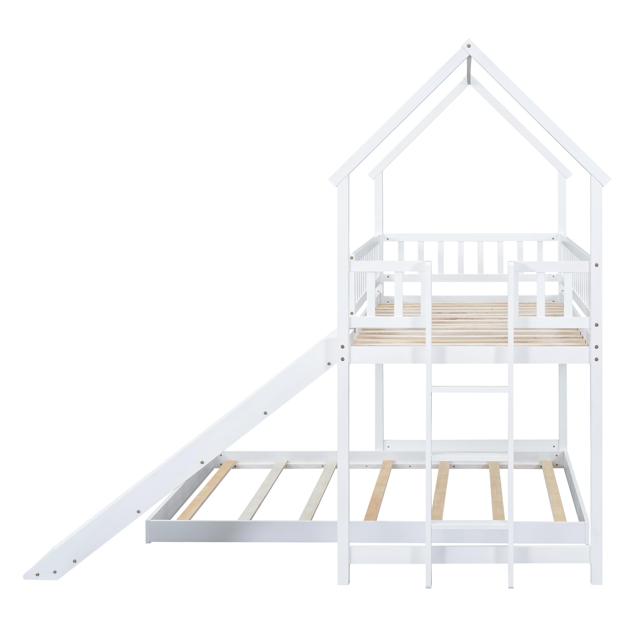 MERITLINE Twin Over Full Size Wooden Bunk Bed with Slide - House Style Bunk Bed for Kids, Boys & Girls - White - Perfect for Shared Kids' Rooms, Sleepovers & Small Spaces