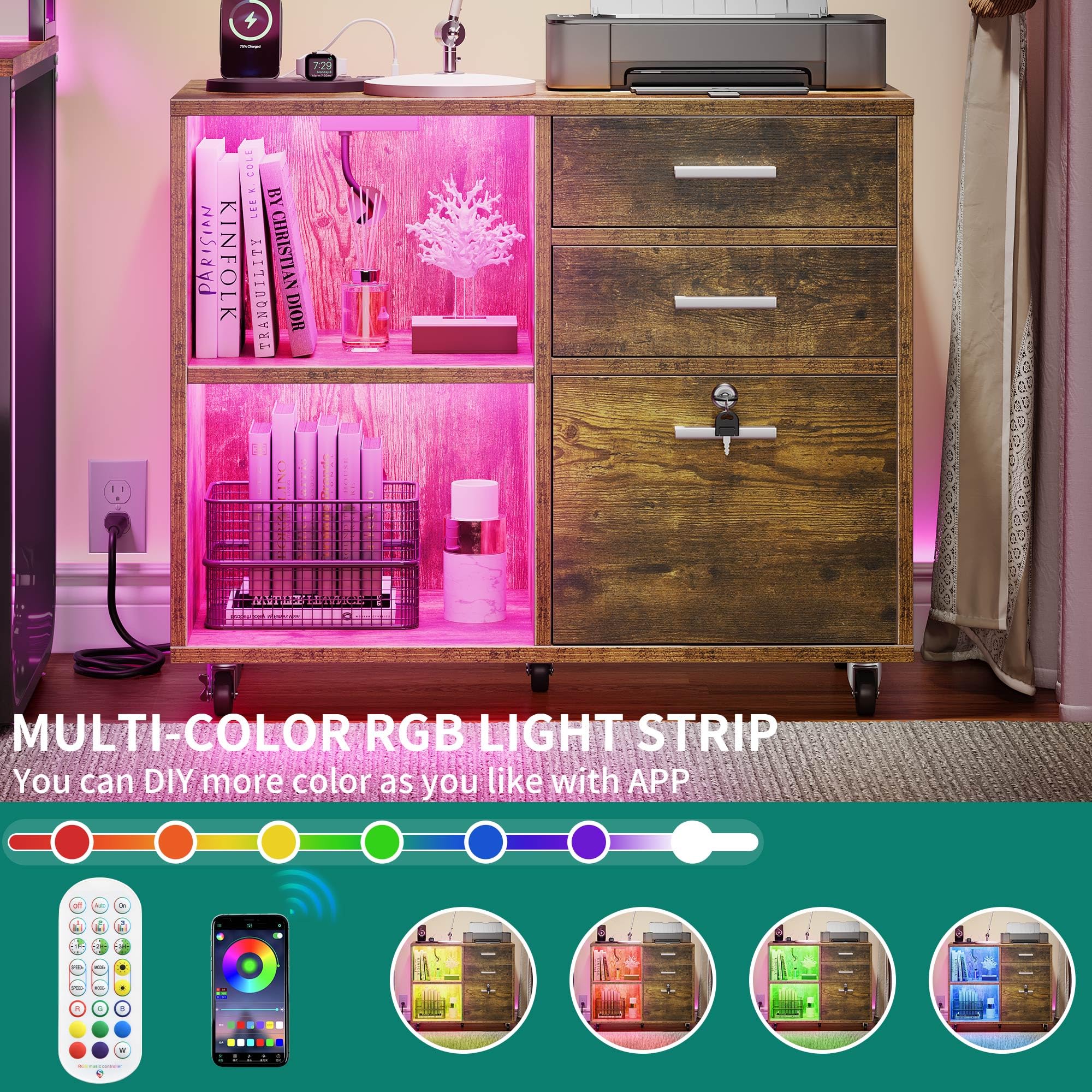 YITAHOME 3-Drawer Wooden File Cabinet with Wheels - Mobile Lateral Storage Cabinet, Printer Stand with Built-in Charging Station & LED Light - Home Office Organization Furniture (Brown) | Perfect for Document Storage, Workspace Organization & Home Office Decor