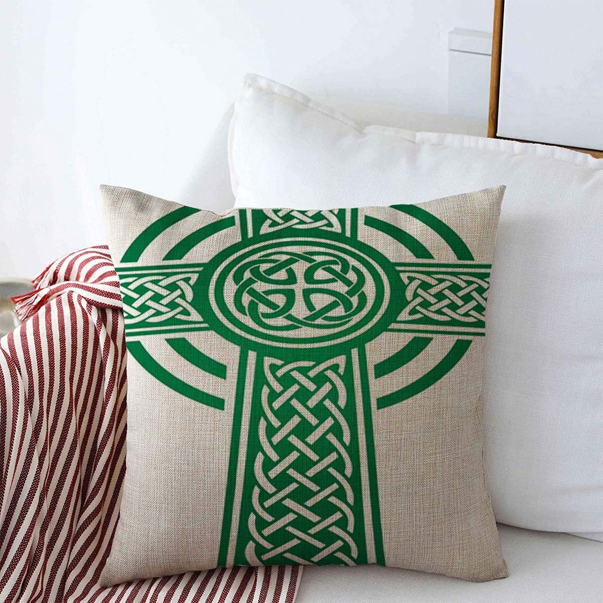 18x18 Inch Irish Green Celtic Cross Throw Pillow Cover - Shamrock Beer Celebration Silhouette, Cotton Linen Cushion Case for Fall Home Decor | Perfect for St. Patrick's Day, Irish Pub, Celtic-Themed Living Room & Seasonal Home Styling