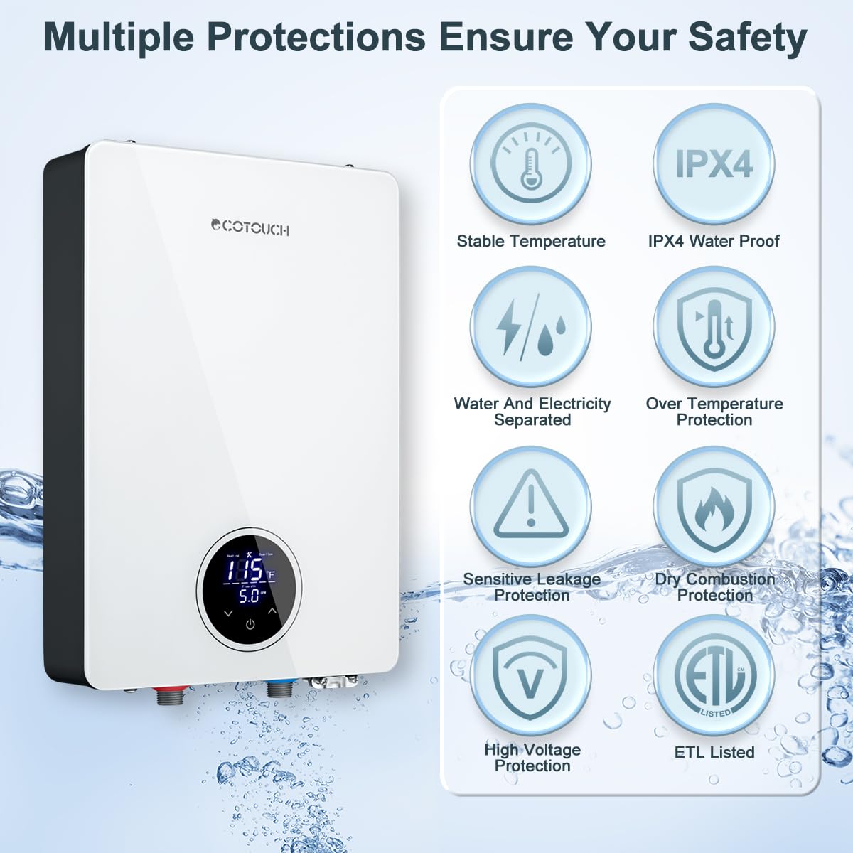 27kW Electric Tankless Water Heater - ECOTOUCH ECO270S Instant On-Demand Hot Water System 240V for Whole House & Shower | ETL Certified | Energy Efficient Home & RV Use