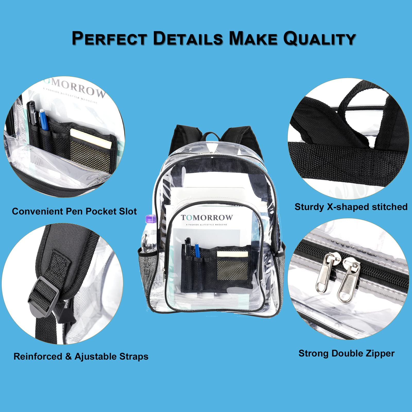 Heavy Duty Clear Backpack for School & Work - Black PVC