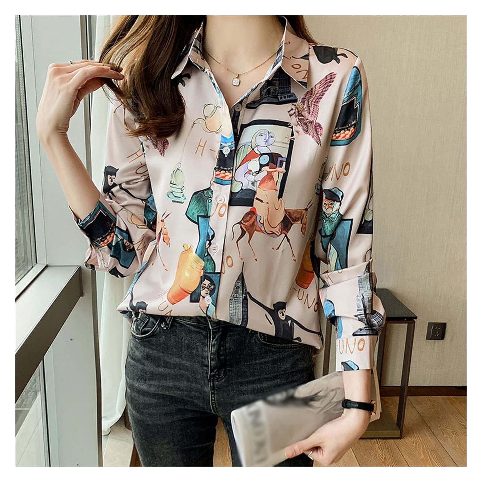 Women's Long Sleeve Chiffon Blouse with Turn Down Collar - Floral Print Tops for Work & Casual Wear (Color A, Size XL) | Office Outfits, Date Night & Spring Fashion