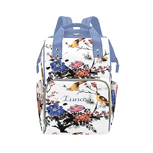 Waterproof Floral Diaper Backpack for Women - Personalized Baby Bag with Spring Flower & Bird Design, Nursing Tote for Moms - Perfect for Travel, Shopping & Everyday Use