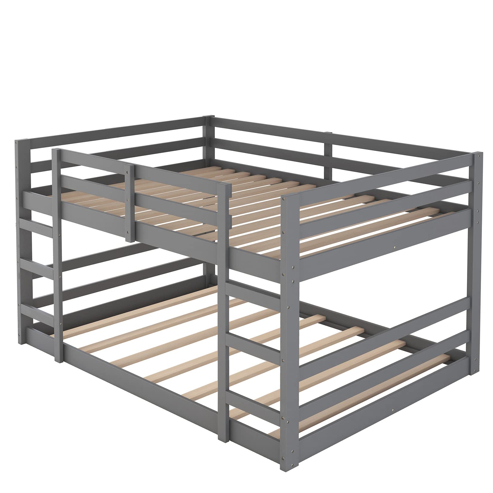 Full Over Full Low Bunk Bed Frame - Sturdy Wood Bunkbed for Kids, Teens & Dorm Rooms - Space-Saving Gray Twin Bunk Beds for Boys & Girls - Perfect for Small Bedrooms, Shared Kids' Rooms & College Dorms