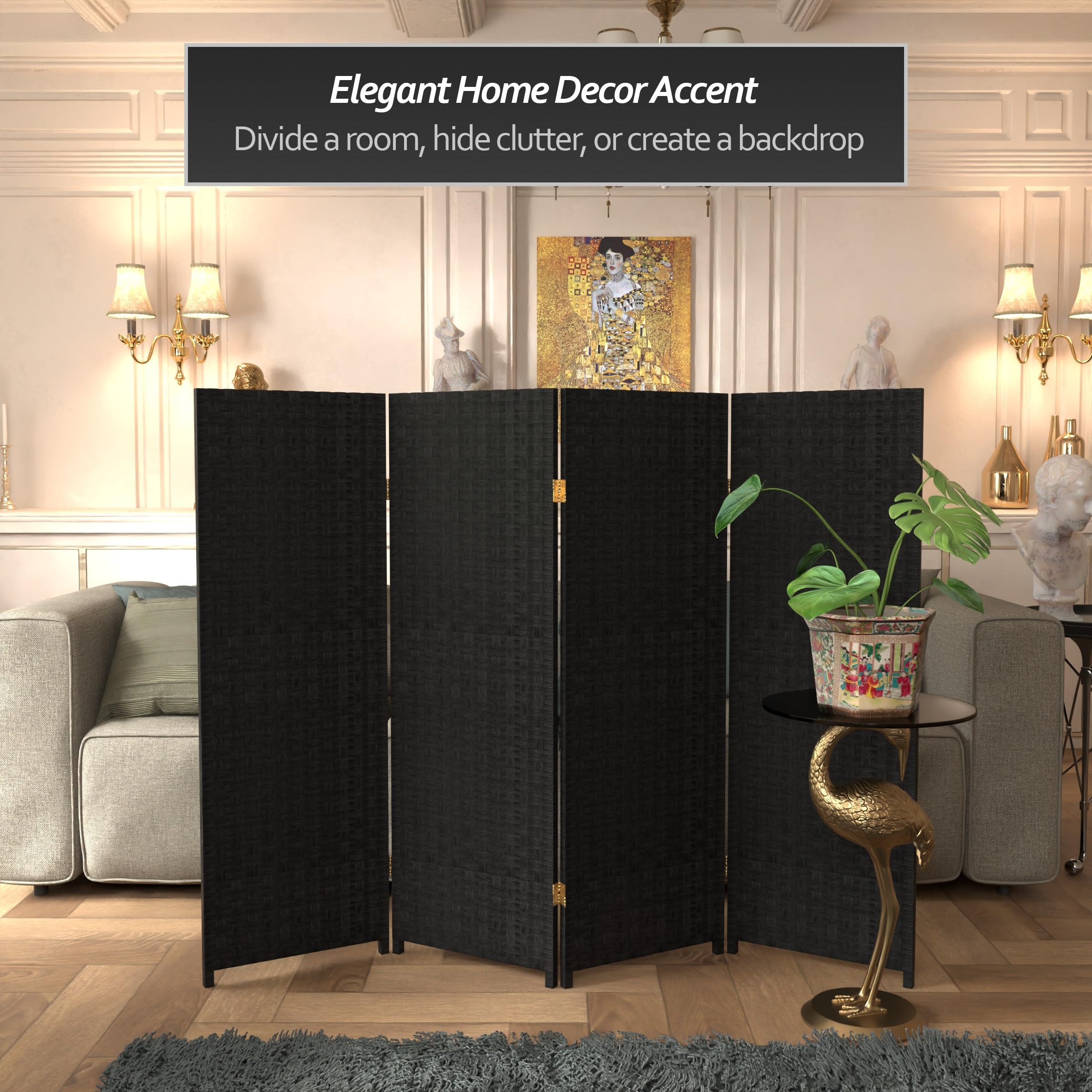 4 ft. Short Woven Fiber Folding Room Divider Screen - Black - 4 Panel Privacy Partition for Home, Office, or Studio Decor