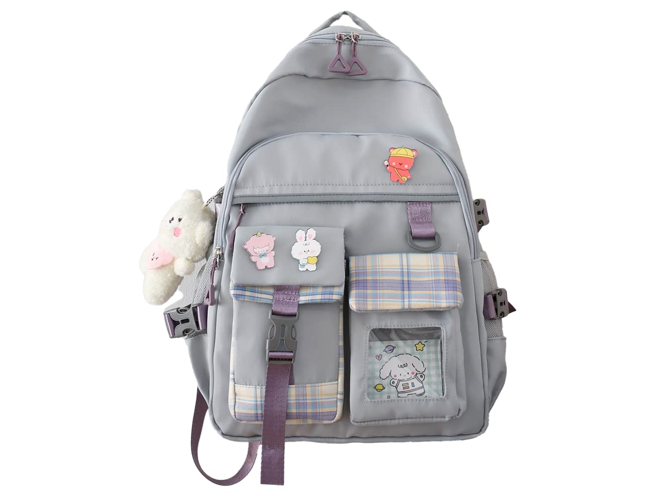 Cute Kawaii Backpack for Teen Girls - Stylish School Bookbag with Adorable Pins & Accessories (Grey) - Perfect for School, Travel & Everyday Use